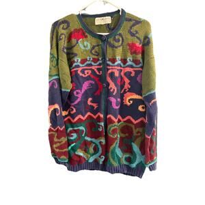 RARE Peruvian Connection Cardigan Sweater Sz L Floral Colorful 100% Pima Cotton
